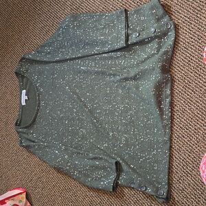 Emily Daniel's metallic paint splatter button sweater crew neck Forrest green